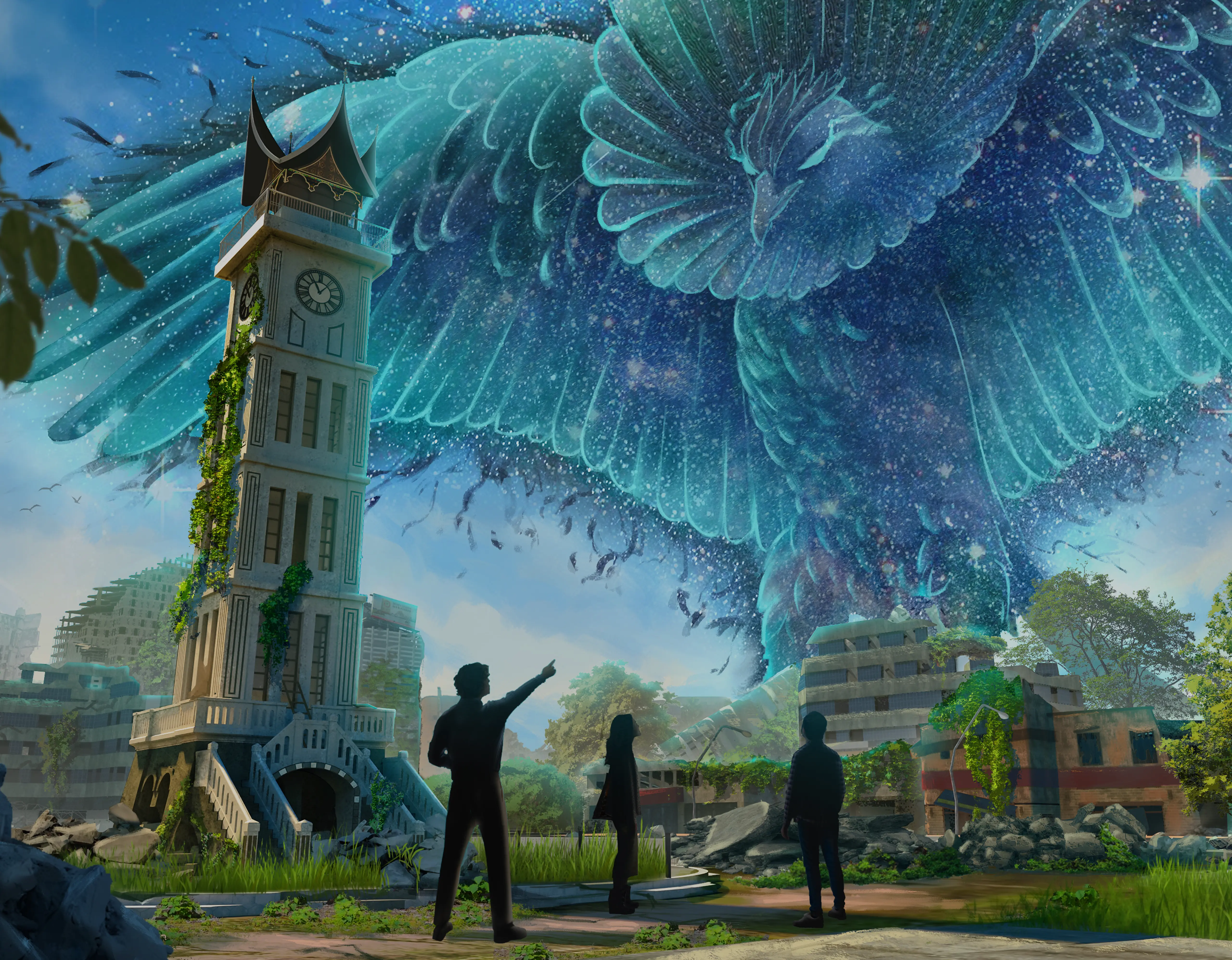 Mystical fantasy landscape with clock tower